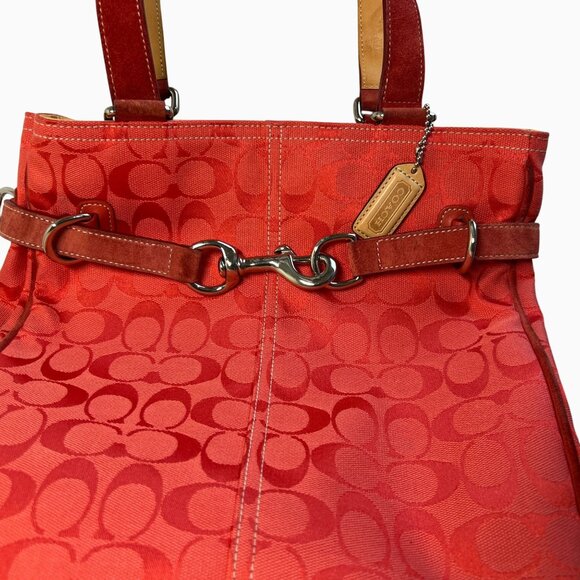 Coach LTD Signature C Belted Canvas Purse Satchel Carryall Tote Bag Red Tan - Picture 2 of 14